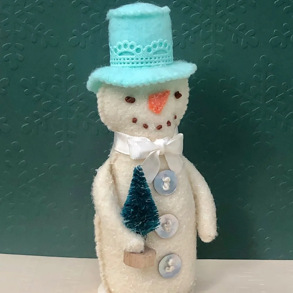 Snowman Art Doll Coastal Felt Hand-sewn aqua top hat handmade